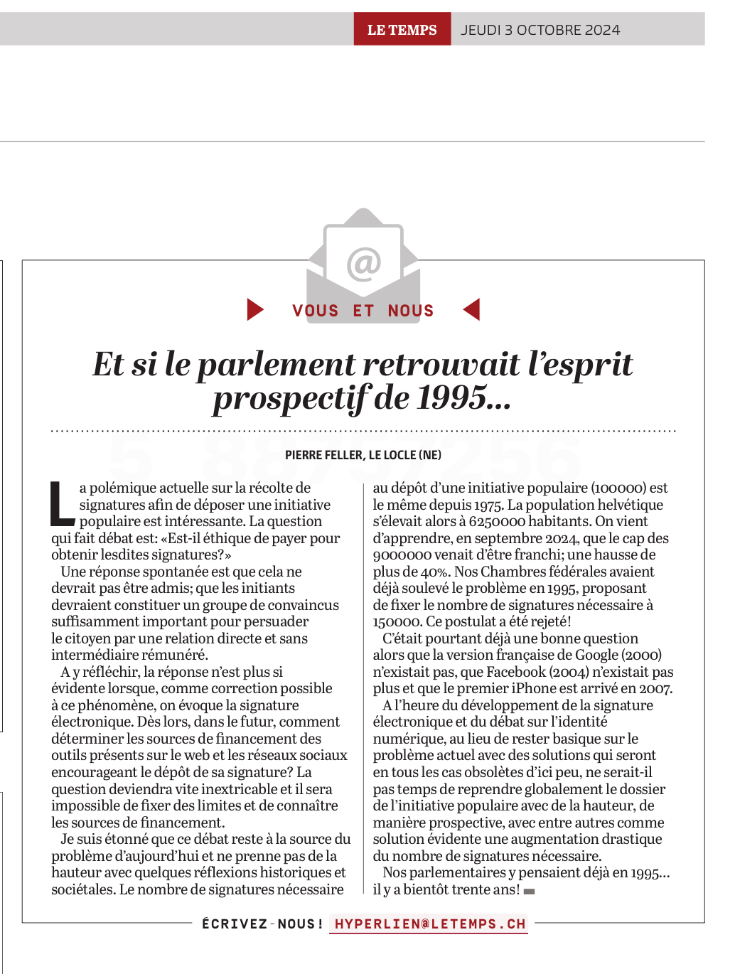  copyright journal Le Temps du 3 octobre 2024